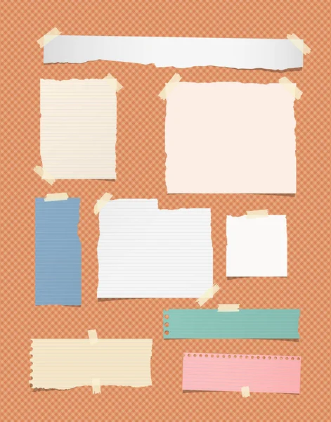 Ripped ruled different size white and colorful note, notebook, copybook paper sheets, strips stuck on orange squared background — Stock Vector