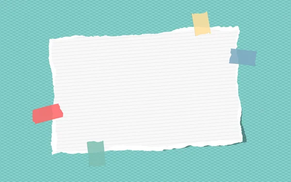 Geripte witte gelinieerde opmerking, notebook, beurt papier geplakt met kleurrijke plakband op blauwe vierkant patroon — Stockvector