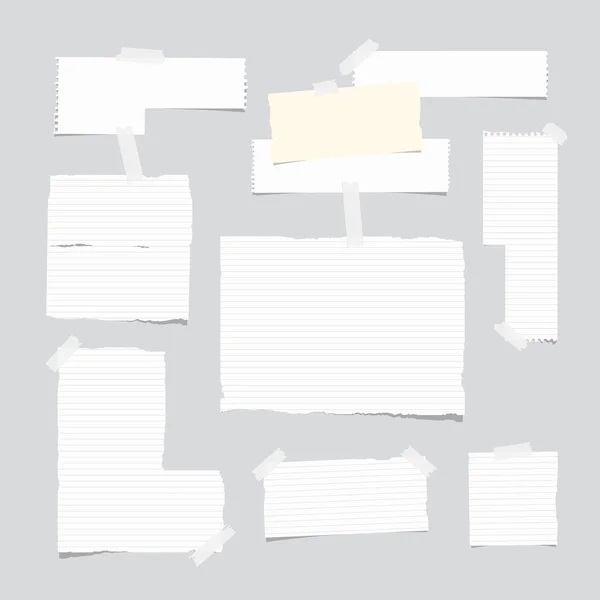 Gerissene linierte Notiz, Notizbuch, Blatt Papier, Streifen mit weißem Klebeband auf hellgrauem Hintergrund geklebt — Stockvektor