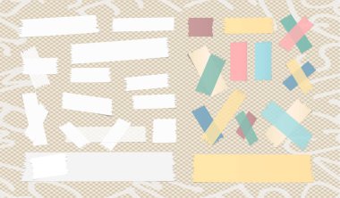 Yapışkan yapışkan kağıt şeritler, maskeleme bandı, kahverengi kare zemin üzerinde alfabenin harfleri ile sıkışmış