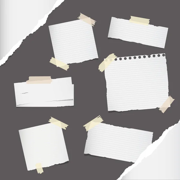 Peças de tamanho diferente nota colorida, notebook, folhas de papel de livro de copybook preso com fita adesiva no fundo cinza —  Vetores de Stock