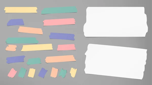 Розрізаний білий блокнот, копіювальна книга, нотатки паперові смуги, барвисті липкі, клейка маскувальна стрічка, застрягла на сірому фоні — стоковий вектор