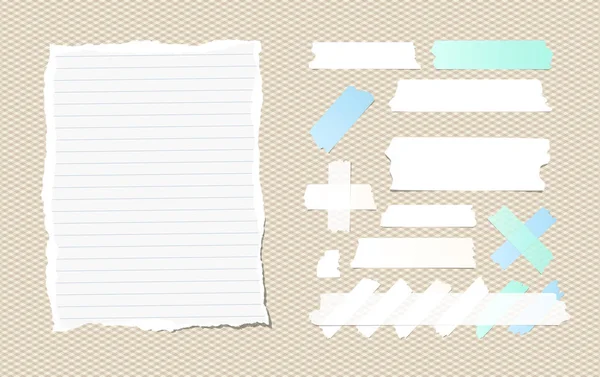 Cuaderno blanco regido rasgado, copybook, papel de la nota, pegajoso, cinta adhesiva que enmascara pegada en patrón cuadrado — Archivo Imágenes Vectoriales