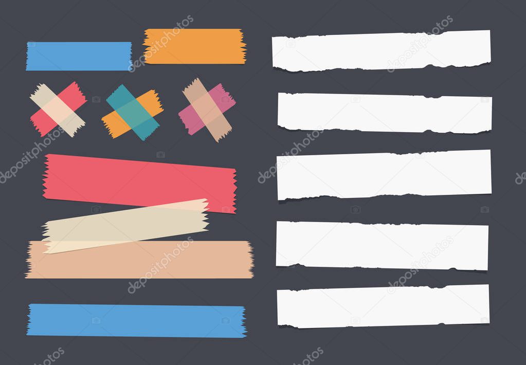 Bright and colorful sticky, adhesive masking tape and white notebook, copybook, note paper strips stuck on dark background