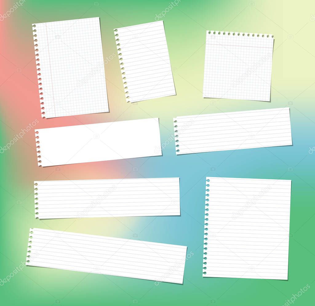White note, notebook, copybook paper strips and sheets stuck on colorful bright gradiant background