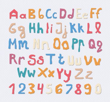 Renkli büyük, küçük harf alfabe numaraları ve kare gri arka plan üzerine gölge kümesi