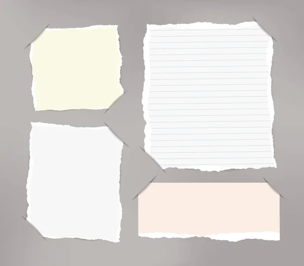Bitar av sönderrivna vit, pastellfärgade blank och styrde Obs häfte, notebook ark infogas i skära pappers — Stock vektor