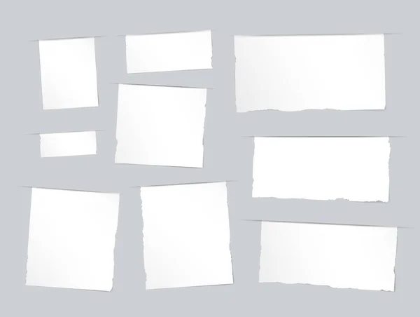 Trozos de blanco roto, nota, cuaderno, tiras de cuaderno, hojas insertadas en papel cortado gris — Vector de stock