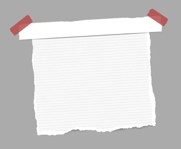 Nota regulamentada branca rasgada, caderno, folha de caderno, tira de papel colada com fita adesiva vermelha —  Vetores de Stock