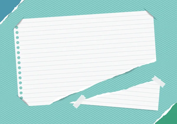Note réglée déchiré, copybook, feuille de cahier insérée dans fond carré bleu avec du papier déchiré dans les coins — Image vectorielle