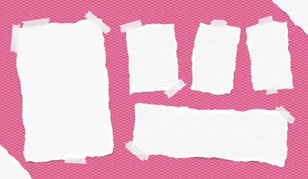 Different size ruled white note, notebook, copybook sheets, strips stuck with sticky tape on squared pink background and ripped paper in corners. — Stock Vector