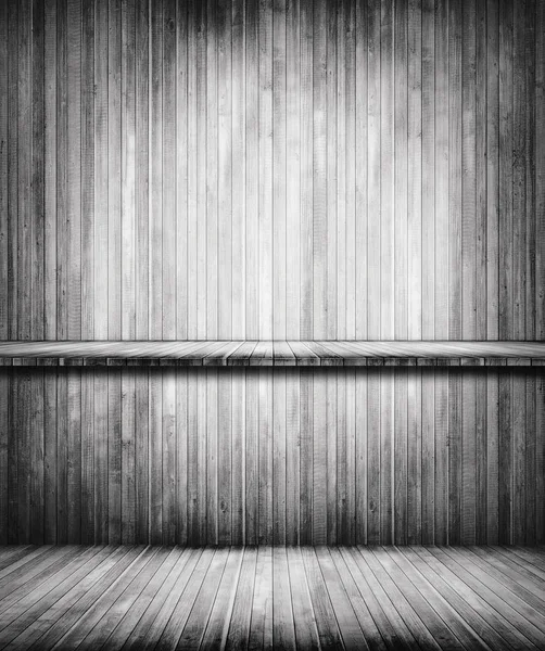 Grunge gris viejo libro vacío sheves en la pared de madera — Foto de Stock