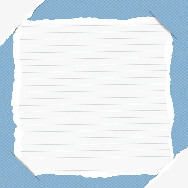 Nota desgarrada, copybook, hoja del cuaderno insertada en el fondo cuadrado azul con el papel rasgado blanco en esquinas — Vector de stock