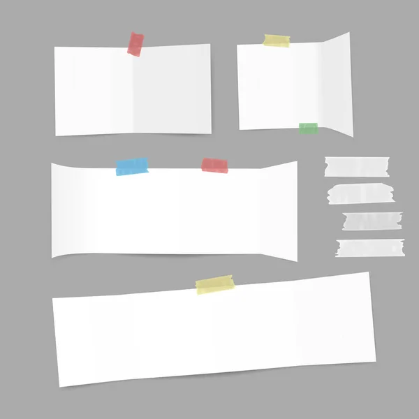 Katlanmış beyaz el ilanı, mektup, broşür, gölge ve gri arka plan üzerinde sıkışmış beyaz yapışkan bant ile broşür kağıt — Stok Vektör
