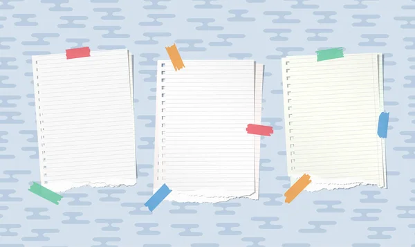 Cuaderno blanco rasgado, hojas de papel de copybook pegadas con cinta adhesiva de colores en el patrón de líneas redondeadas azules — Vector de stock