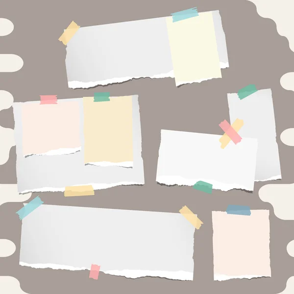 Diferentes tamaños apilados nota colorida, cuaderno, papel de copybook pegado con cinta adhesiva sobre fondo abstracto marrón — Vector de stock
