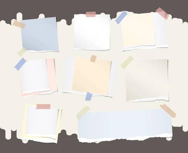 Kleurrijke opmerking van verschillende grootte, notebook, beurt papier geplakt met plakband op bruine achtergrond — Stockvector