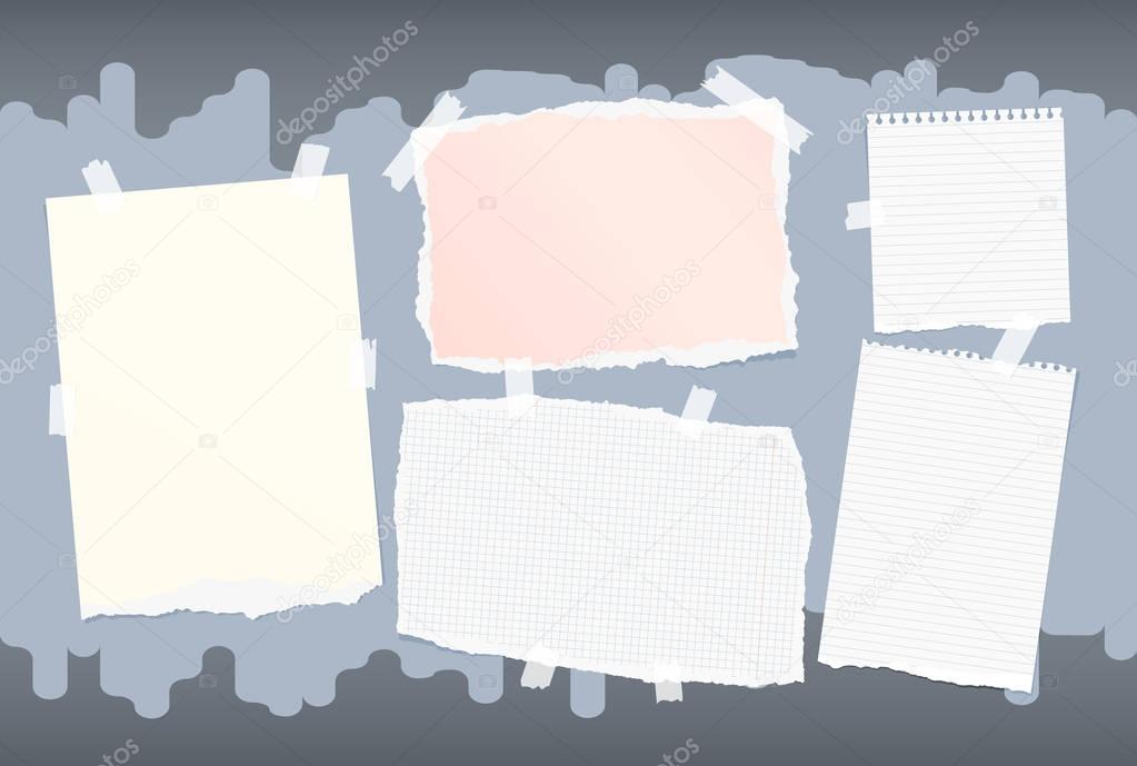 Different size colorful note, notebook, copybook paper stuck with sticky tape on blue background