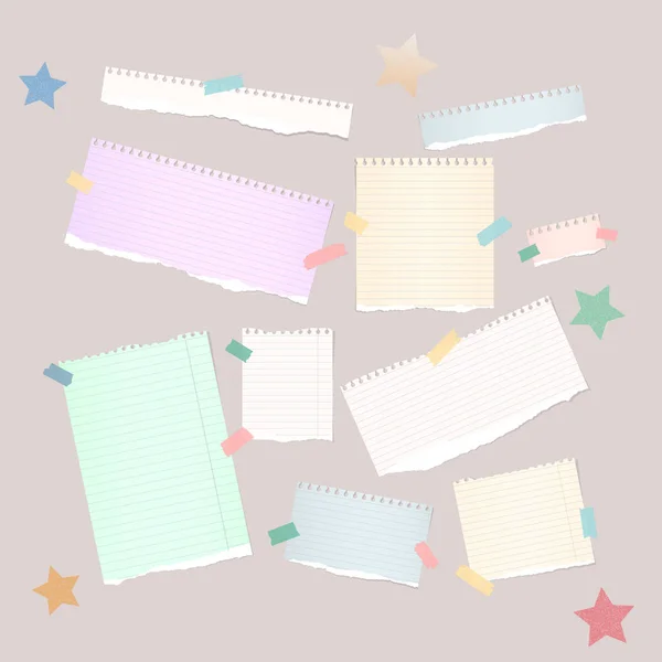 Blanco rasgado, nota colorida, cuaderno, tiras de copybook pegadas con cinta adhesiva y estrellas sobre fondo marrón claro — Archivo Imágenes Vectoriales