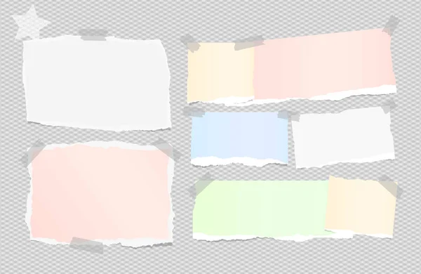 Вирізаний білий, барвистий нотаток, блокнот, аркуші для копіювання паперу, приклеєні липкою стрічкою на квадратному сірому фоні та зірка на розі — стоковий вектор