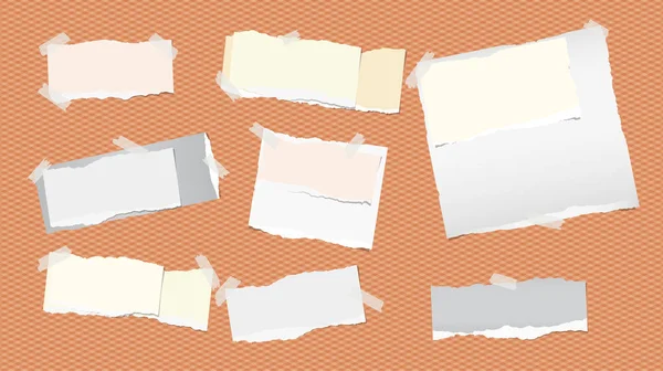 Morceaux de blanc déchiré et coloré note, carnet, bandes de papier copybook collé avec du ruban adhésif sur fond carré orange . — Image vectorielle
