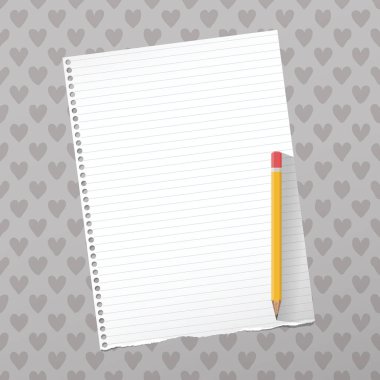 Yürekleri gri desen beyaz defter, boşaltmak kağıt levha, sarı kurşun kalem, yırtık