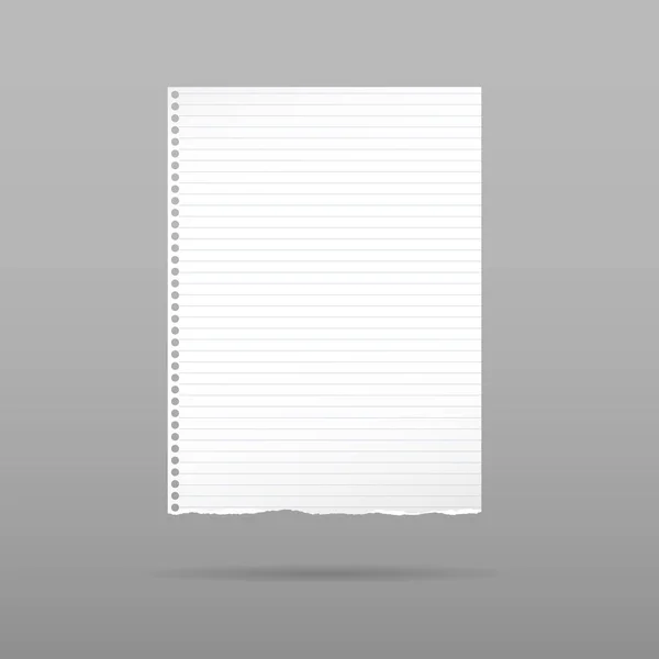 Cuaderno blanco rasgado, hoja de papel de copybook con sombra sobre fondo gris . — Vector de stock