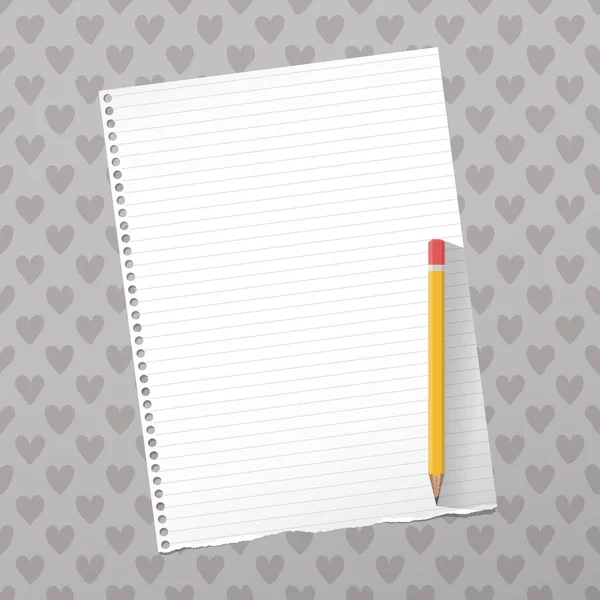 Carnet blanc déchiré, feuille de papier copybook, crayon jaune, sur motif gris avec coeurs — Image vectorielle
