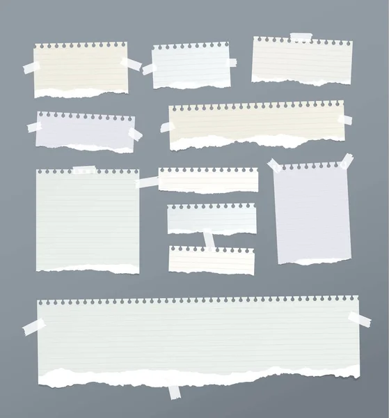 Trozos de regla rasgada, nota, cuaderno, tiras de papel de copybook, hojas pegadas con cinta adhesiva . — Vector de stock