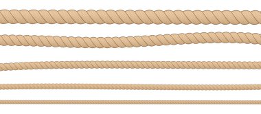 Beyaz arka plan üzerinde izole farklı kalınlıkta yatay kahverengi halatlar.