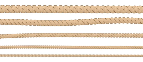Diferentes espessuras de cordas marrons horizontais isoladas em fundo branco . — Vetor de Stock