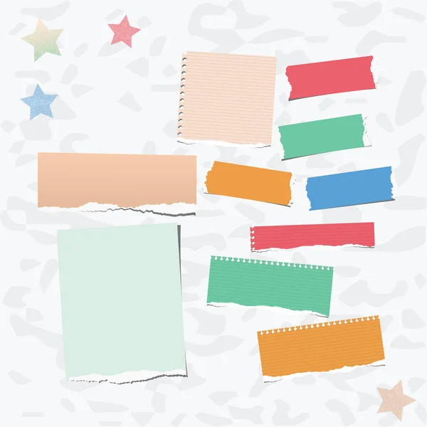 Ripped colorful note, notebook, copybook paper strips stuck on gray background. — Stock Vector