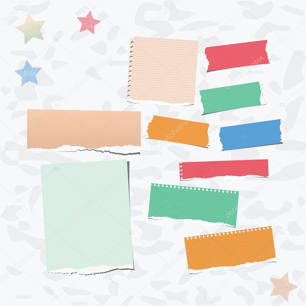 Ripped colorful note, notebook, copybook paper strips stuck on gray background.