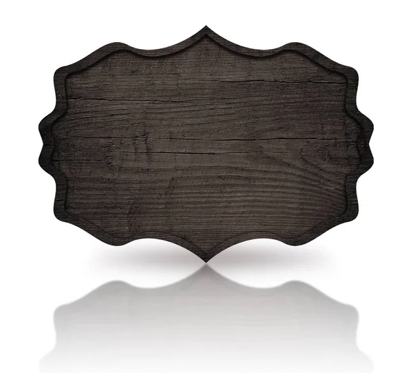 Letrero adornado de madera gris con marco oscuro y reflexión sobre fondo blanco . — Foto de Stock