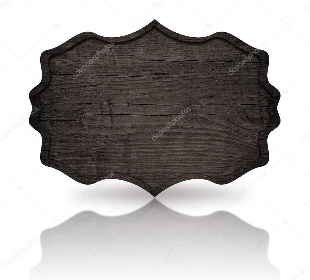 Gray wooden ornate signboard with dark frame and reflection on white background.