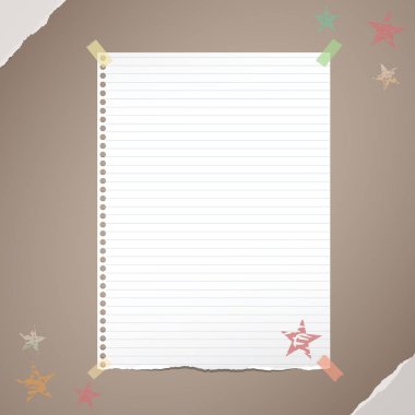 Beyaz Not yırtık, defter, renkli yapışkan bant ile sıkışmış boşaltmak kağıt yaprak kağıt köşelerinde sökük mavi zemin üzerine yıldız.