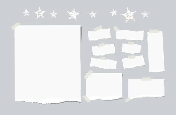 Roztrhané bílé Poznámka, zápisník, Sešitový papírové proužky s lepící páskou, hvězdy na šedé pozadí. — Stockový vektor
