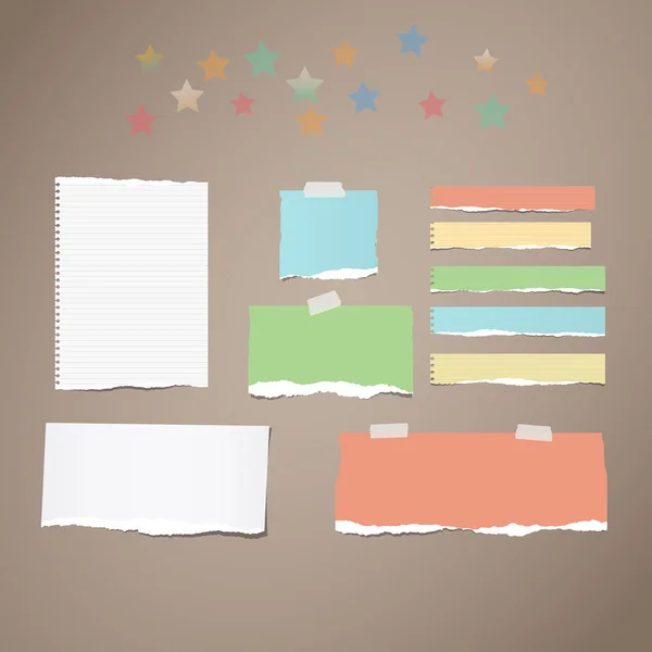 Nota blanca y colorida rasgada, cuaderno, tiras de papel de copybook pegadas con cinta adhesiva, estrellas sobre fondo marrón . — Vector de stock