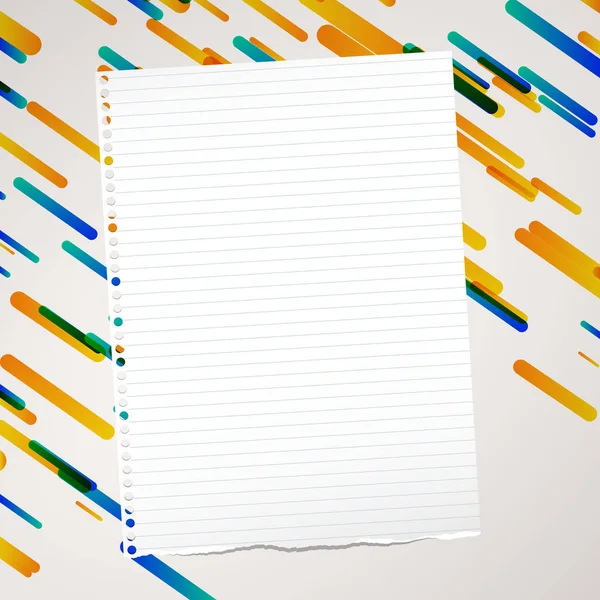 Nota desgarrada, cuaderno, hoja de papel de copybook pegado en fondo colorido forrado . — Vector de stock