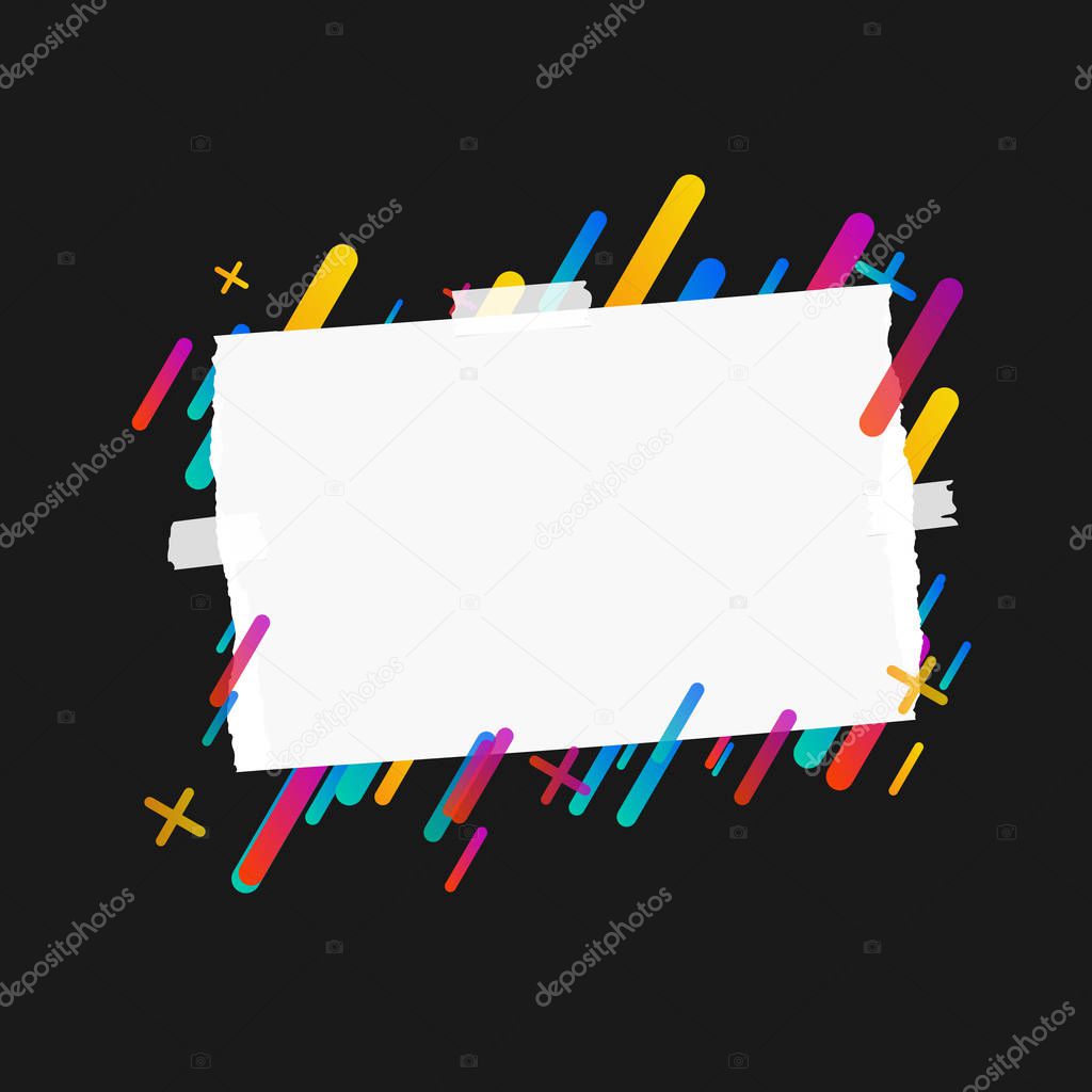 Pieces of ripped blank note, notebook, copybook paper strips stuck on lined colorful background.