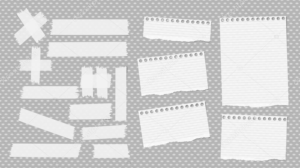 White ripped notebook, copybook sheets, sticky, adhesive tape stuck on grey dotted pattern.