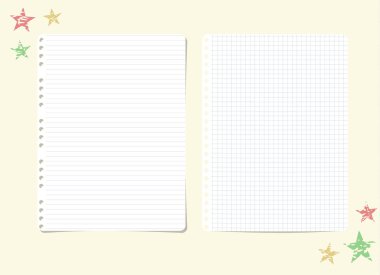 Beyaz karar verdi, çizgili, defter, boşaltmak kağıt sayfalarının ve Sarı zemin üzerine yıldız kare.