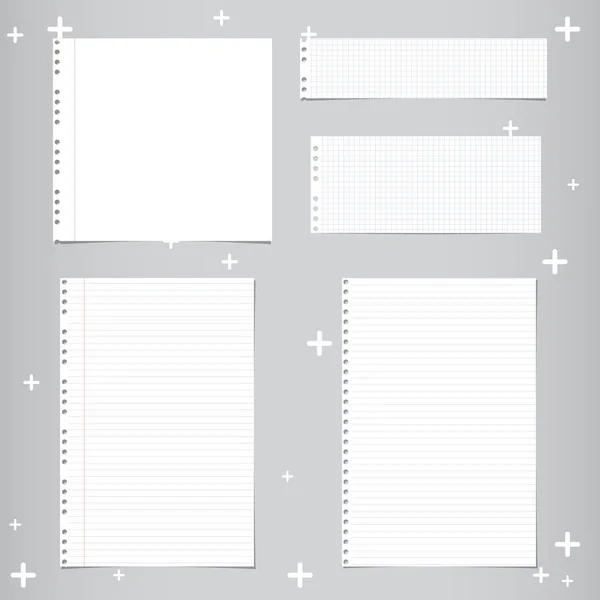 Weiß liniert, gestreift, kariertes Notizbuch, Papierblätter und abstrakte Sterne auf grauem Hintergrund. — Stockvektor