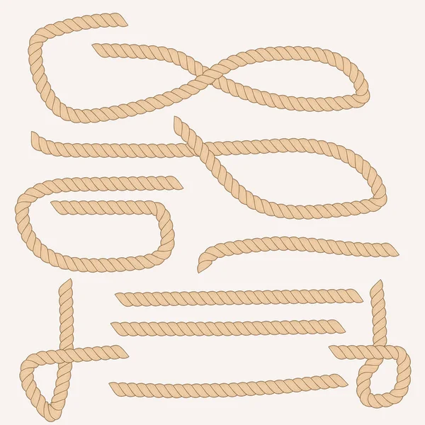 Verschillende vormen, grootte brown touwen op witte achtergrond. — Stockvector