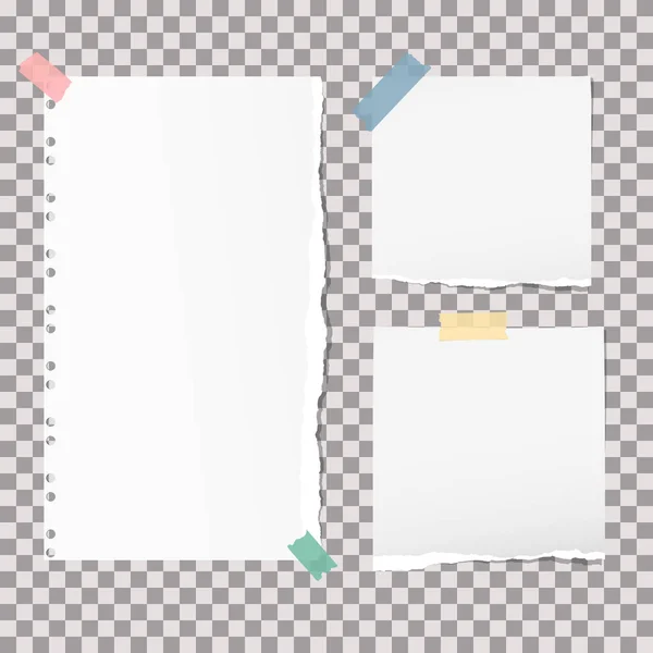 White note, notebook, copybook paper strips stuck with colorful sticky tape on grey squared background. — Stock Vector