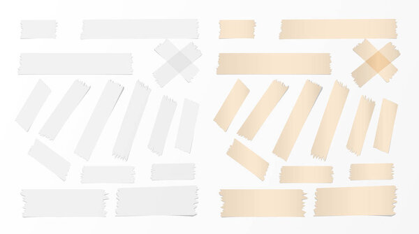 White and brown different size adhesive, sticky tape, paper pieces.