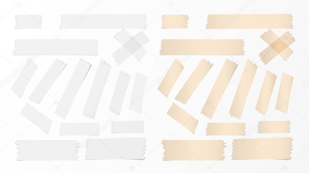 White and brown different size adhesive, sticky tape, paper pieces.