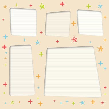 Beyaz karar verdi, çizgili kopya kağıdı, renkli yıldız vektör metin kutuları.