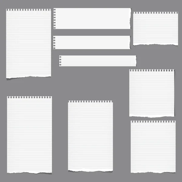 Nota desgarrada, cuaderno, cuaderno tiras de papel verticales y horizontales, hojas de fondo gris . — Archivo Imágenes Vectoriales