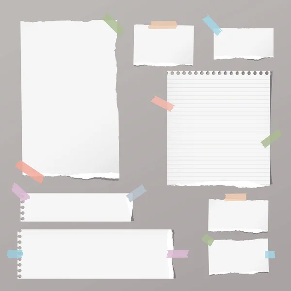 Geripte blanco, gelinieerde opmerking, notebook, beurt vellen geplakt met kleurrijke plakband op grijze achtergrond. — Stockvector